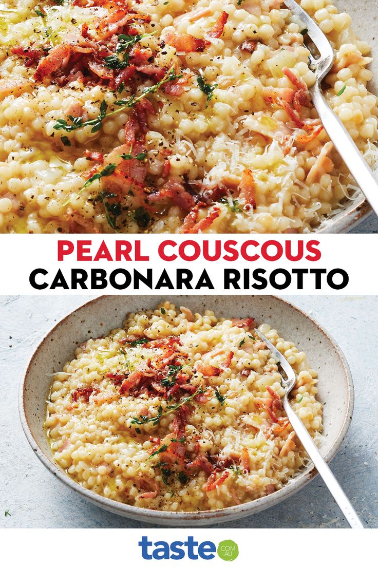 two pictures with different types of food in them and the words pearl couscous carbonara risotto