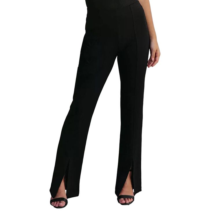 Black High Waist Split Casual Flared Pants Trendy Stretch Bottoms With Side Slits, Trendy Bottoms With Side Slits, Evening Solid Straight Leg Pants, Casual Solid Bottoms With Side Slits, Casual Evening Bottoms With Pockets, Trendy High Waist Bottoms With Split Design, Trendy High-waist Bottoms With Split Design, Solid Stretch Pants With Side Slits, Stretch Solid Pants With Side Slits