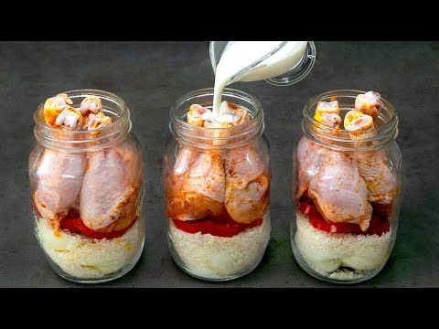 three mason jars filled with food and being poured into the jar to make it look like they have meat in them