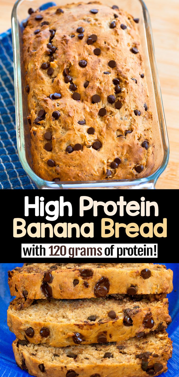 high protein banana bread with chocolate chips on top