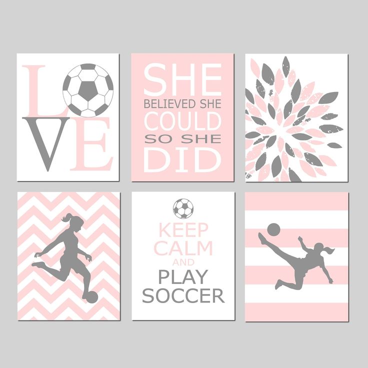 "This is an original set featuring six modern, coordinating soccer themed designs... perfect for a girls bedroom! LOVE (soccer ball), She Believed She Could So She Did, Abstract Floral Burst, Chevron Soccer Player, Keep Calm and Play Soccer, Striped Soccer Player. Customize in the size and colors of your choice. Available as PRINTS or CANVAS! SIZING OPTIONS: Available sizes and pricing are listed on the PRODUCT OPTIONS drop down menu. Sizes are for each piece in the set. PRINT OPTION: Each piece Girls Soccer Bedroom, Soccer Decorations, Soccer Room Decor, Room Decor For Girls, Soccer Bedroom, Soccer Room, Football Rooms, Soccer Decor, Soccer Theme