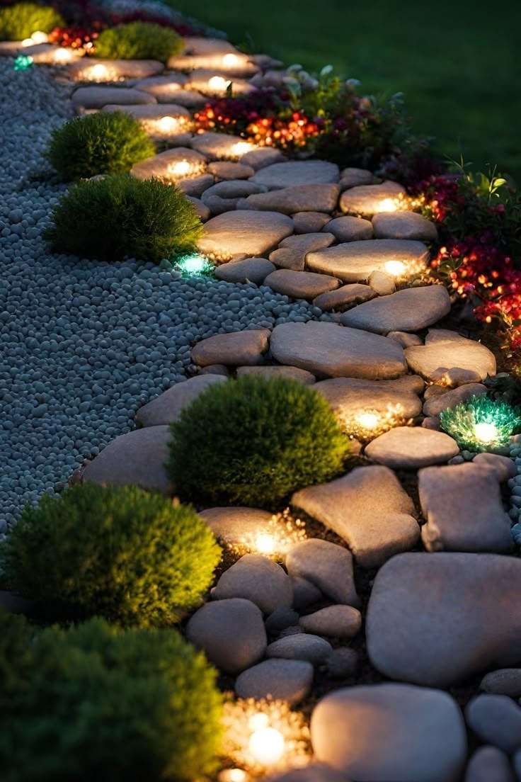 a stone path lit up with lights