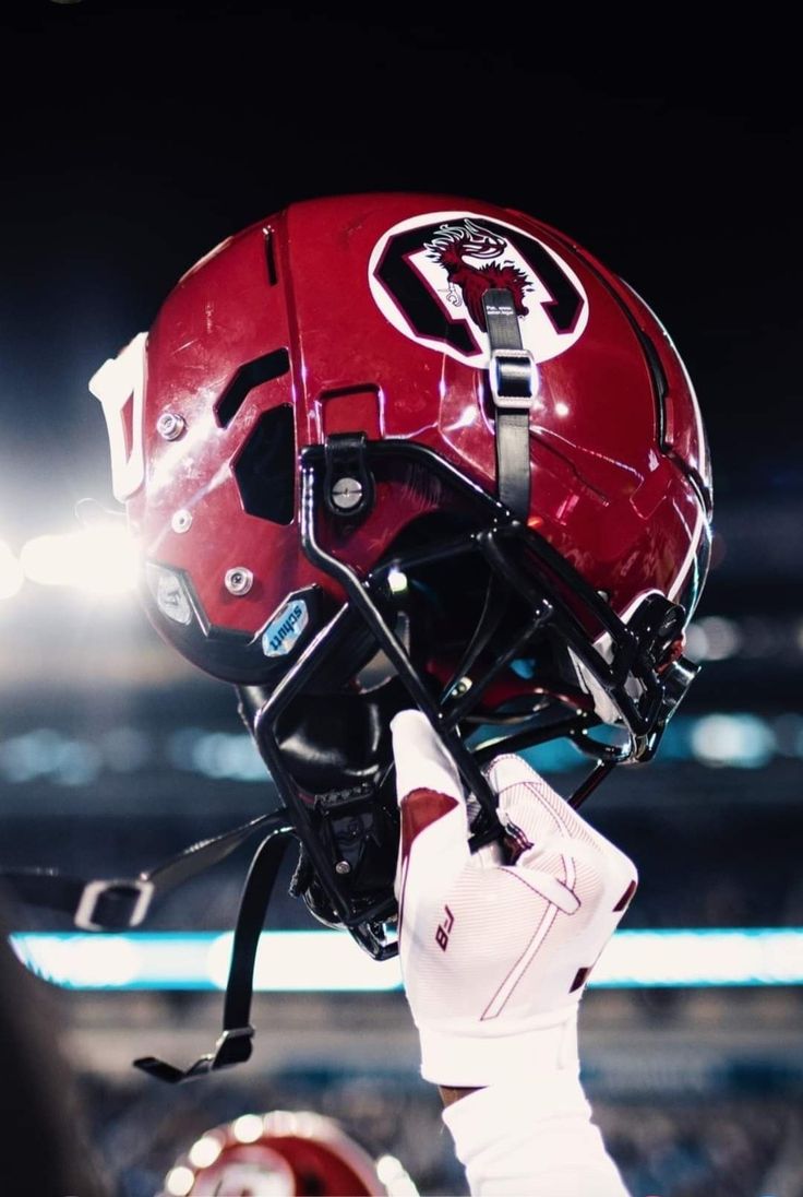 a football player holding his helmet up in the air