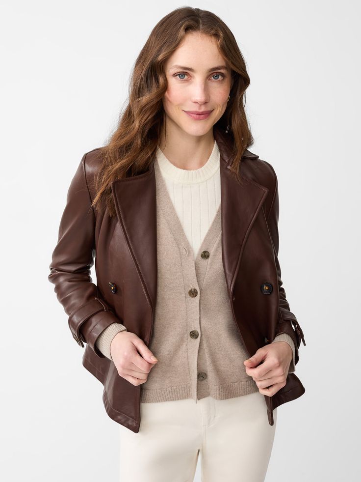 The Saskia is our fall-ready riff on the peacoat, cut in a cropped silhouette and crafted in buttery leather. Even better, it pairs with all of the season's colors and textures, from creams and camels to corduroy and cashmere. | J.McLaughlin Women's Saskia Leather Jacket Chocolate, Size XS Fall Leather Long Sleeve Cropped Jacket, Leather Cropped Jacket With Long Sleeves For Fall, Fall Double-breasted Leather Outerwear, Brown Leather Pea Coat For Winter, Classic Brown Cropped Long Sleeve Jacket, Classic Brown Long Sleeve Cropped Jacket, Classic Long Sleeve Brown Cropped Jacket, Leather Outerwear With Double Button Closure For Fall, Classic Leather Cropped Jacket For Spring