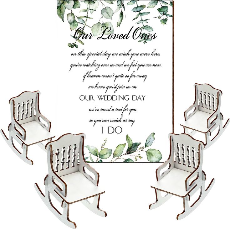 four chairs with the words our loved cross written on them are arranged in front of a white background