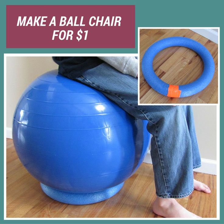 a person sitting on top of a blue ball chair with the words make a ball chair for $ 1