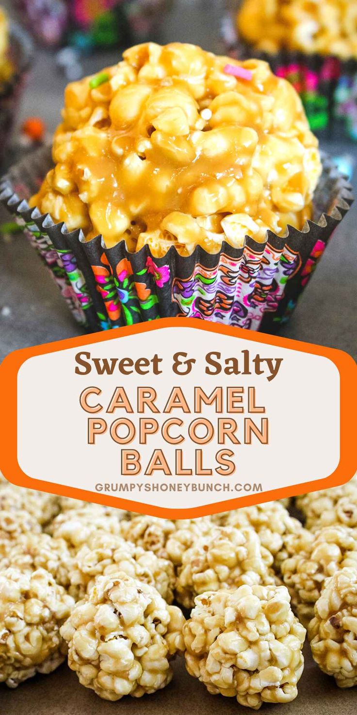 sweet and salty caramel popcorn balls with text overlay