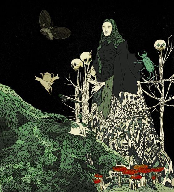 a woman standing on top of a hill surrounded by trees and skulls in the dark