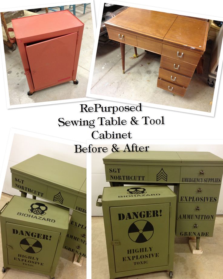 four different pictures of an old sewing table and tool cabinet before and after reupposed