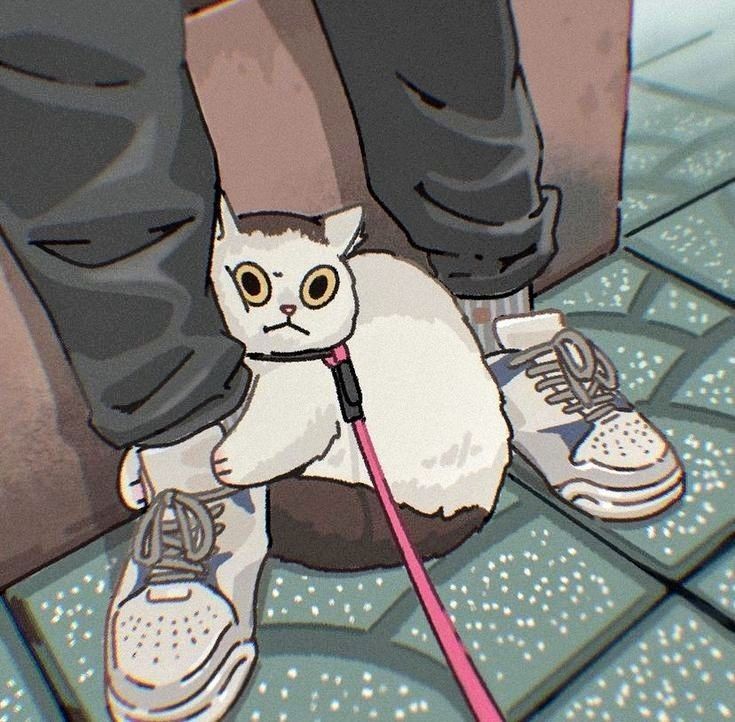 a white cat sitting on top of a floor next to someone's legs and shoes