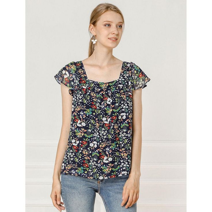 This floral top is sure to inject a floral flourish into your wardrobe. Made of a lightweight chiffon fabric for a soft fit, this top boasts a floral print throughout and a flattering and vintage-inspired square neckline. Wear it with jeans or a skirt for a chic style that will take you from day to evening. With summer floral and greenery details, this breezy flowy blouse features fluttery sleeves. Optimal for day or night, this floral-printed blouse features vintage details like a square neck a Chic Chiffon Top With Floral Print, Blue Chiffon Blouse With Floral Print, Flowy Chiffon Blouse With Floral Print, Blue Floral Print Chiffon Top, Casual Chiffon Tops With Floral Print, Casual Floral Print Chiffon Tops, Casual Chiffon Blouse With Floral Print, Casual Printed Chiffon Blouse, Summer Floral Print Chiffon Tops