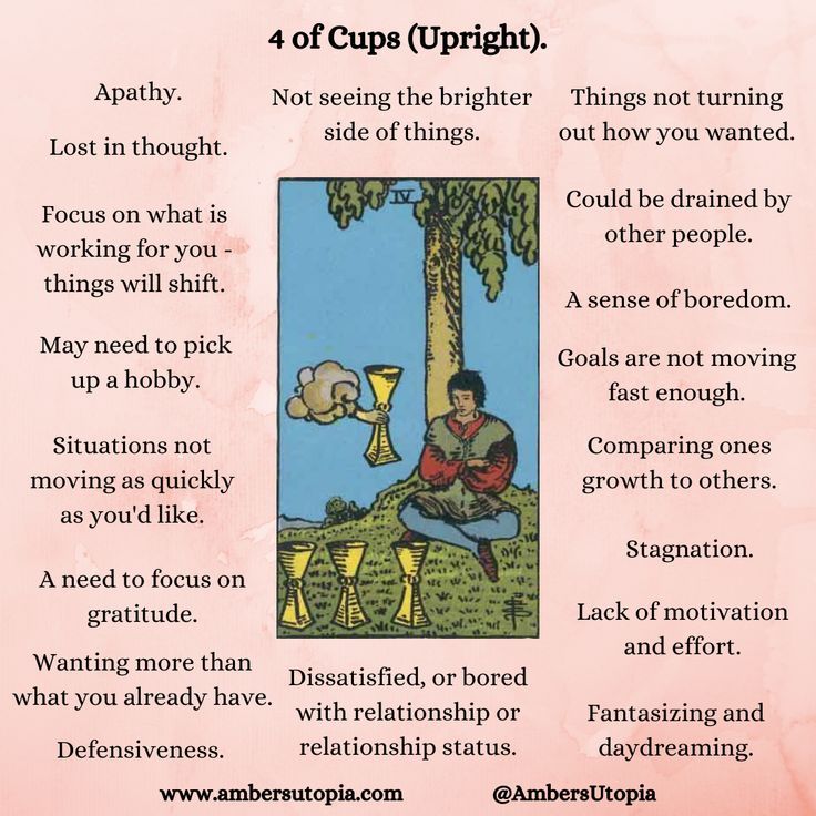 A description and list of what the 4 of Cups means within the Tarot deck, from the suit of cups.

#tarot #4ofcups #suitofcups Suit Of Cups Tarot, Cups Tarot Meaning, 4 Of Cups, Four Of Cups, Divination Magic, Suit Of Cups, Tarot Interpretation, Cups Tarot, Tarot Cards For Beginners