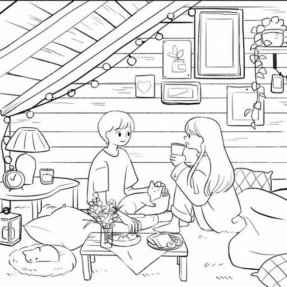 a black and white drawing of two people in a cabin