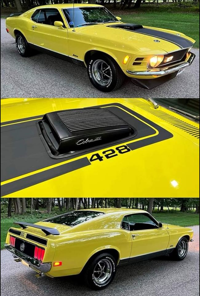 two pictures of a yellow car with black stripes on the hood, and another photo of it's rear end