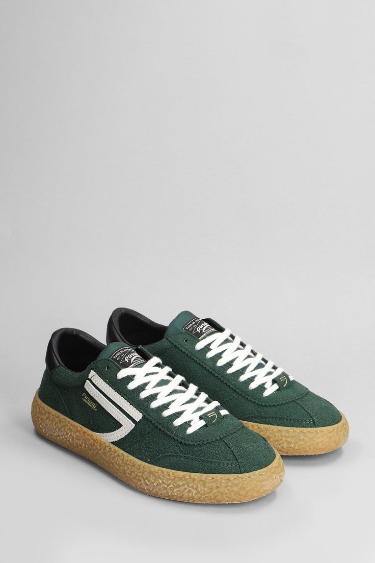 Sneakers in green suede, round toe, laces, logo on upper tongue, side patch logo, suede details, rubber sole, 100% velvet, made in Eu Green Sporty Sneakers With Textured Sole, Green Sneakers With Textured Sole For Sports, Green Sports Sneakers With Textured Sole, Green High-top Sneakers With Textured Sole, Green Custom Sneakers With Textured Sole For Streetwear, Green Low-top Custom Sneakers With Gum Sole, Green Leather Sneakers With Vulcanized Sole, Custom Green Low-top Sneakers With Gum Sole, Green Leather Sneakers With Gum Sole