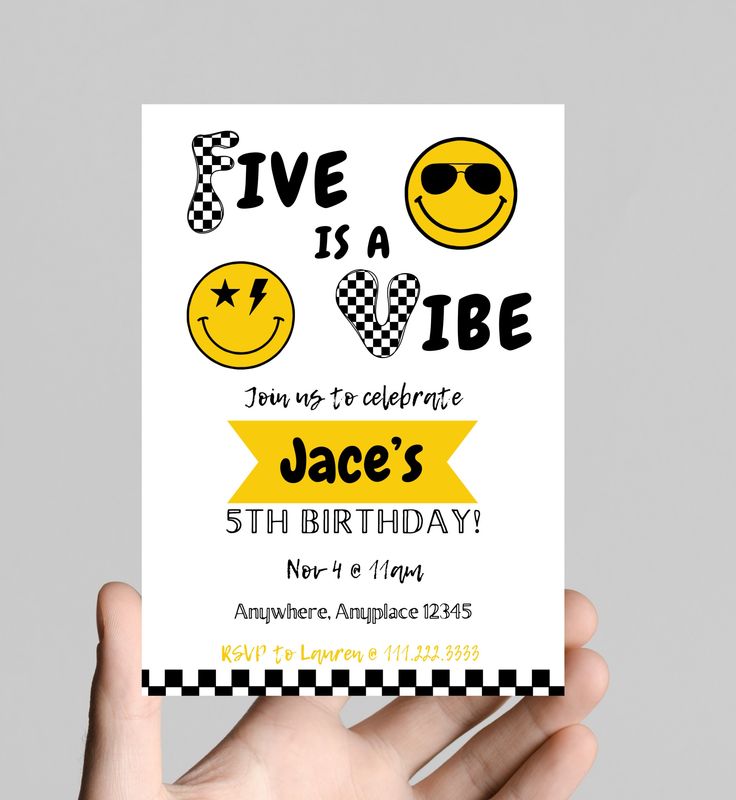 a person holding up a birthday card with smiley faces on it and the words five is a