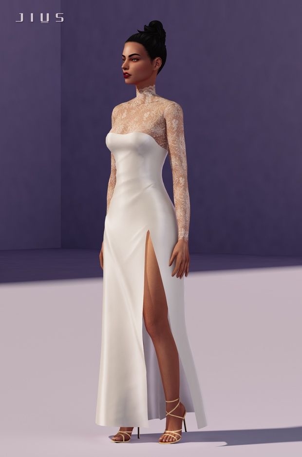 a woman in a white dress with high slit