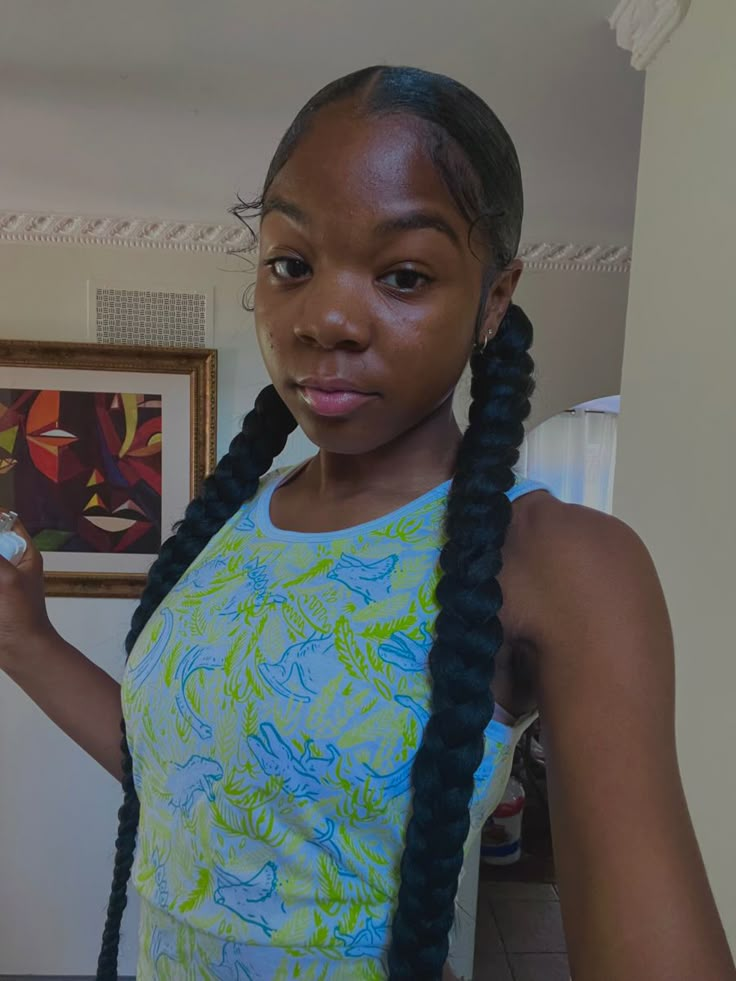 Two Low Braids Hairstyle, 2 Braid Pigtails, Twin Braids Hairstyles Black, Braided Pig Tails Hairstyles, Two High Braided Ponytails, Two Ponytails Braids, Two Braids With Bows, 2 Braids Ponytail, Short Braided Ponytail