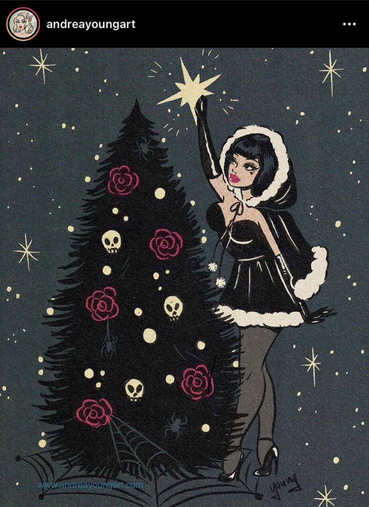 a drawing of a woman standing next to a christmas tree with skulls and stars on it