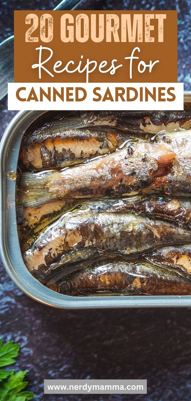 canned sardines in a metal pan with parsley on the side and text overlay