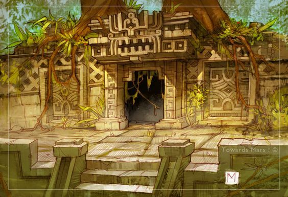 a digital painting of a building in the jungle