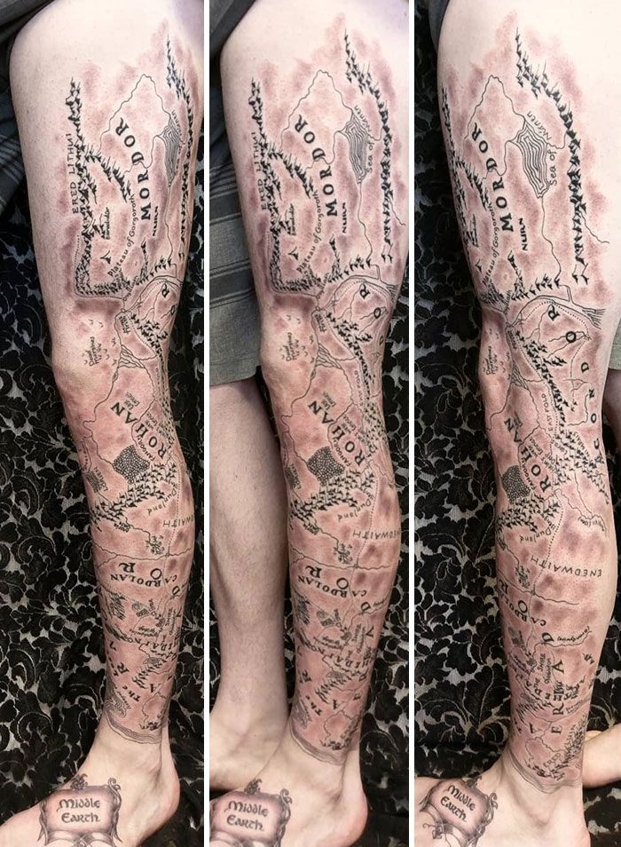 the legs are covered in many different words and phrases, including an image of a man's leg