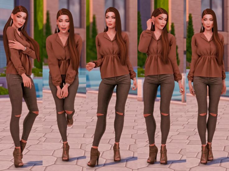 the woman is posing in all different poses for her video game avatars, and she's wearing brown