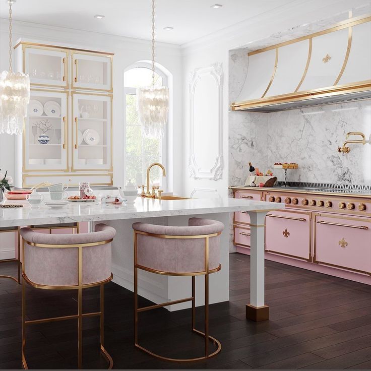 an elegant kitchen with pink and gold accents