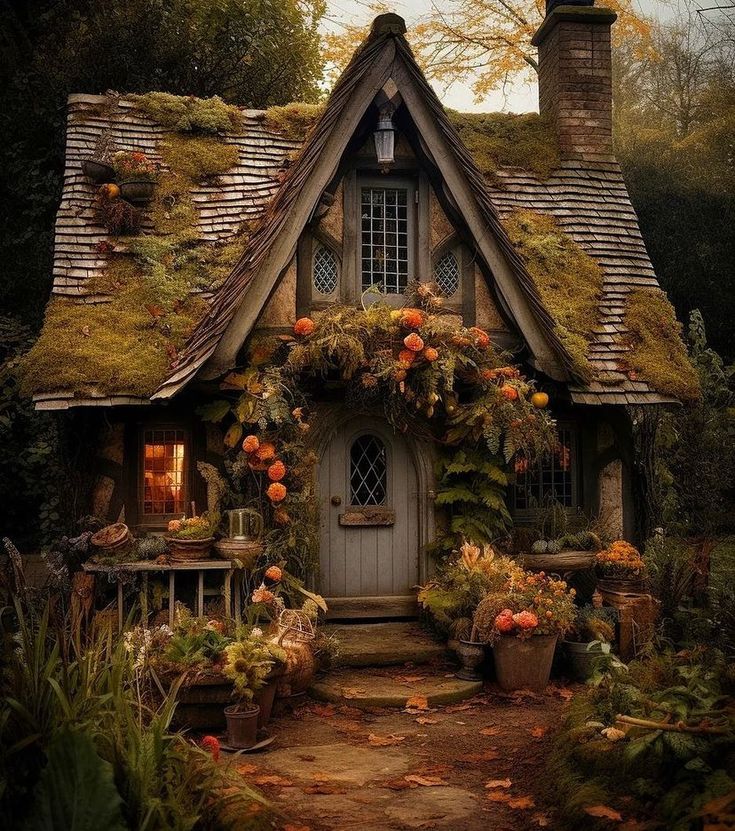 a small house with plants growing on the roof