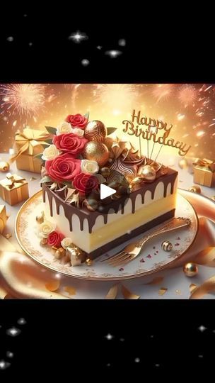 a happy birthday cake with candles and flowers on it, surrounded by gold confetti