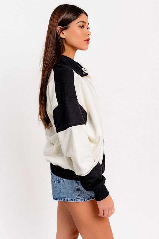 White and black oversized color block pullover sweatshirt. 95% Cotton 5% Spandex Sweater Crop, Spring Has Sprung, Crop Top Sweater, Resort Collection, Long Crop Top, Shoes Booties, Long Sleeve Crop Top, Pullover Sweatshirt, Skirt Pants