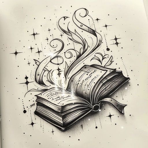 Magic Detailed Tattoo Designs Charmed Tattoos, Tattoos Of Books, Small Bookish Tattoos, Magic Potion Bottles Drawing, Mystic Tattoo Magic, Grimoire Tattoo, Unique Harry Potter Tattoo, Neotrad Tattoo Design, Magic Tattoo Ideas