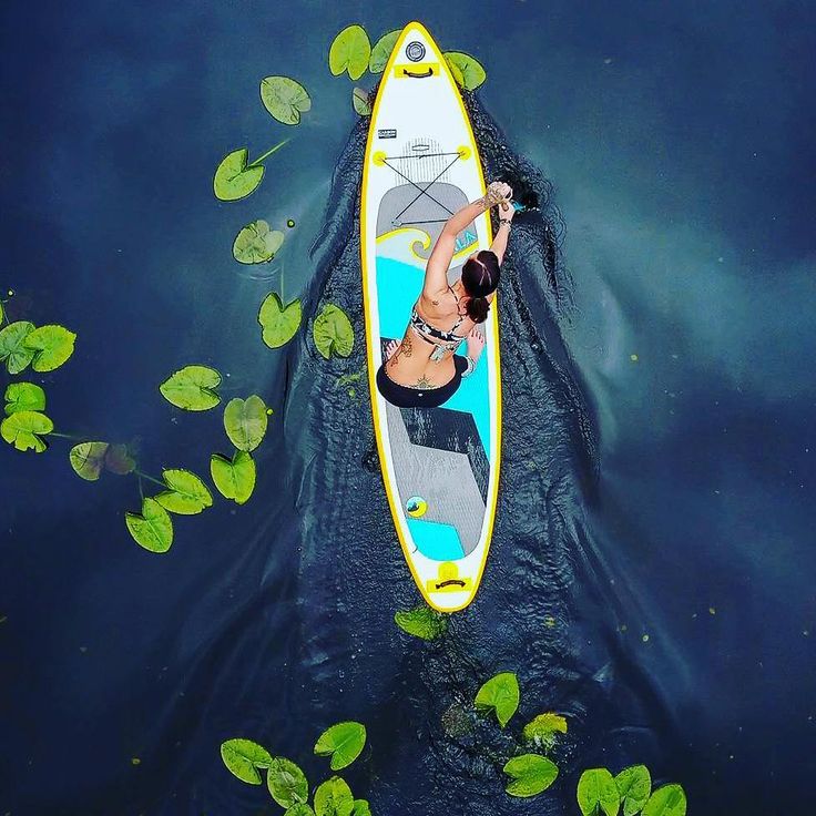 a woman in a canoe paddling through the water with lily pads floating around her