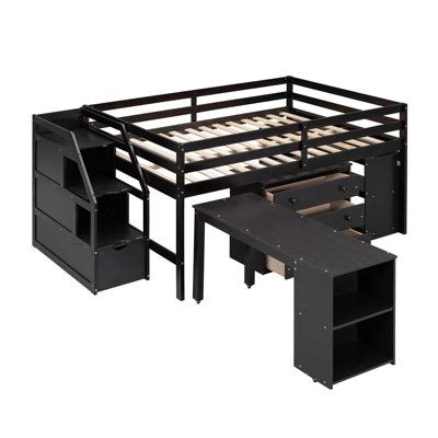 a bed frame with drawers underneath it and a desk in the bottom right hand corner