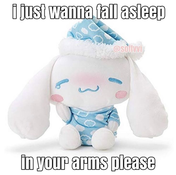 a white stuffed animal with a blue hat on it's head and the words, i just wanna fall asleep in your arms please