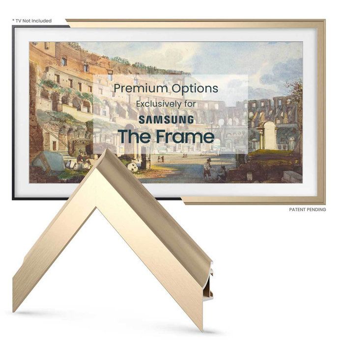 the frame is made from wood and has an image of a town on it with text that reads premium options exclusively for samsung the frame