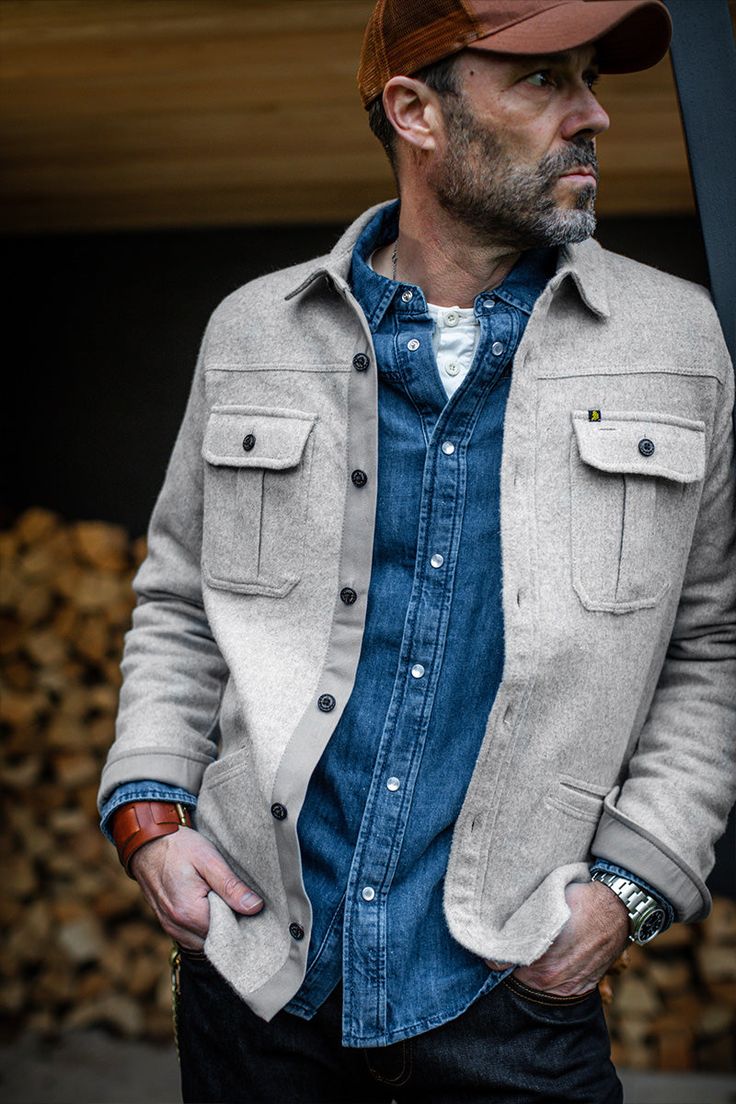 The BOULDER Overshirt is crafted from a soft wool blend, using sustainable materials and organic cotton. The BOULDER balances natural tones of grey with rich browns from the leather-look buttons. An overshirt is often boxy and oversized, creating an unflattering look for the wearer. We opted to retain a similar silhouette to our other shirts. This shape holds its form and delivers a flattering shape when worn as a mid-layer or overshirt. The aesthetics have been simplified, avoiding heavy-duty p Raw Denim, Men Fashion Casual Outfits, Mens Style, Work Jackets, Natural Tones, Henley Shirts, A Rock, Soft Wool, Suit And Tie