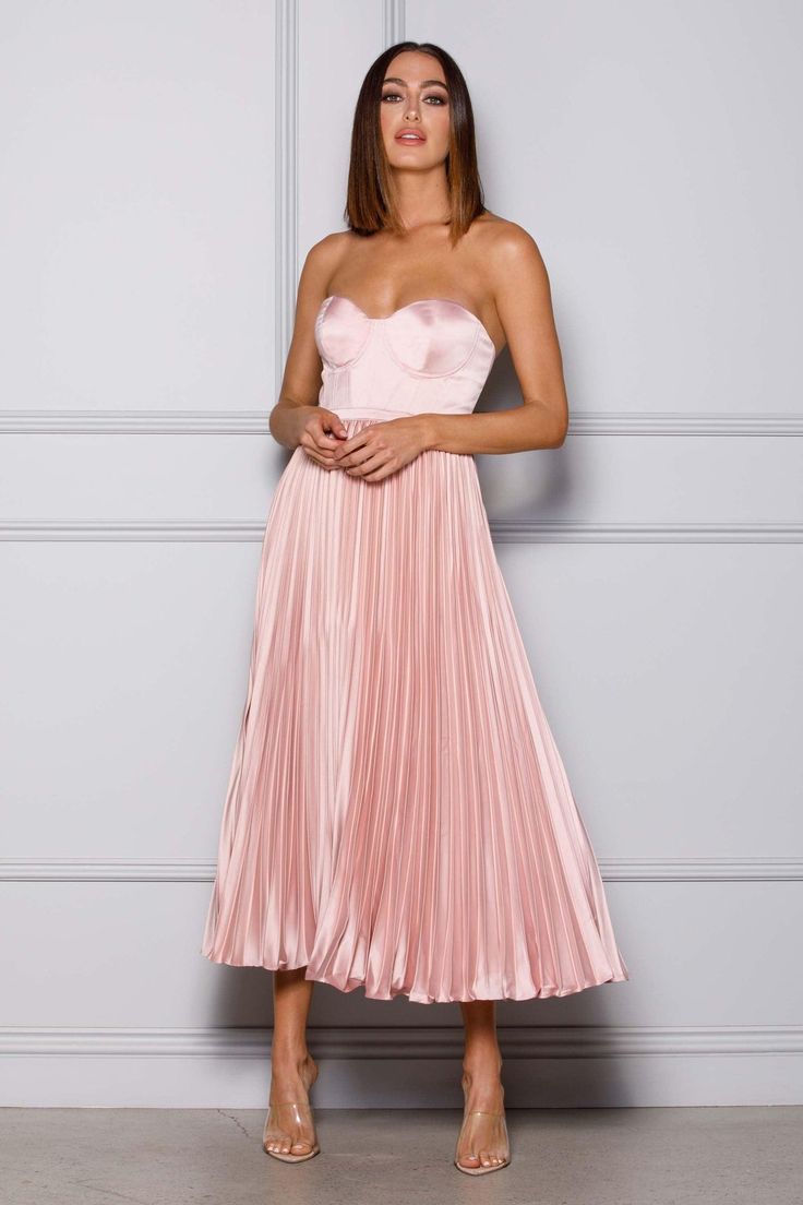 Sleeveless Pleated Midi Dress For Banquet, Strapless Pleated Bodice Bridesmaid Dress, Strapless Evening Dress With Pleated Bodice For Bridesmaids, Strapless Bridesmaid Evening Dress With Pleated Bodice, Fitted Satin Dress With Accordion Pleats, Fitted A-line Bridesmaid Dress With Pleated Bodice, A-line Pleated Gown For Gala, Satin Gala Dress With Accordion Pleats, A-line Evening Dress With Pleated Bodice For Bridesmaid