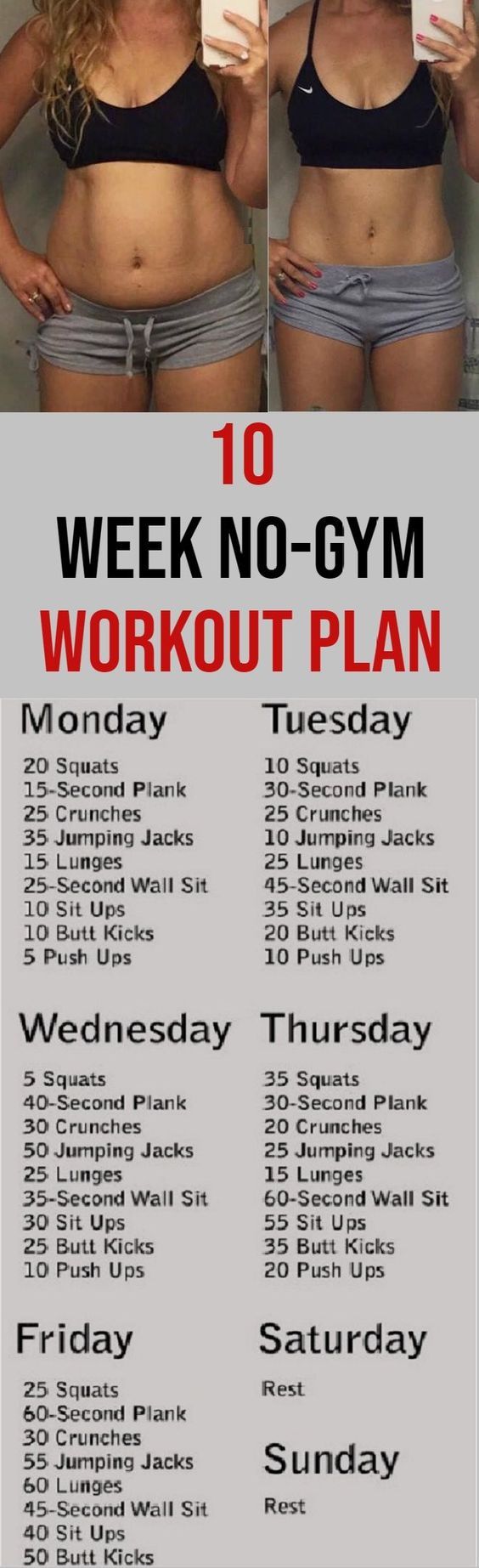 the 10 week no gym workout plan is shown in three different pictures, including an image of