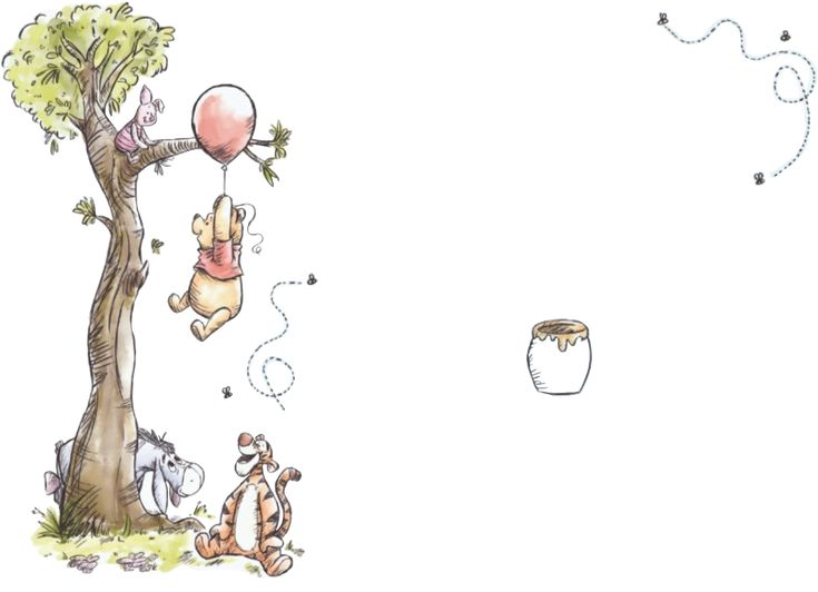 winnie the pooh is hanging from a tree with balloons and other animals around it