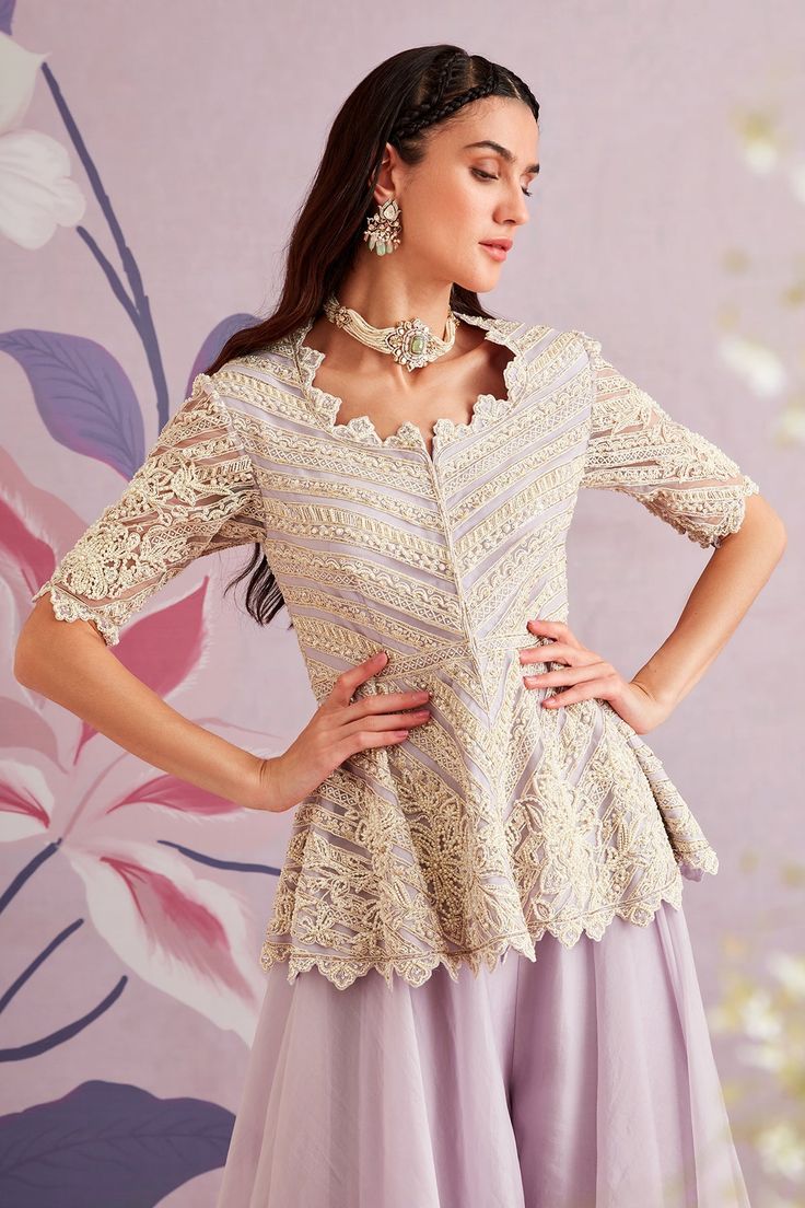 Embroidered net peplum top with organza garara Fabric: Peplum: Net, Garara: Organza Color: Lilac No. Of Pieces: 2 Wash Care: Dry clean Style Code: RMSC-41 Net Garara, Organza Garara, Ridhi Mehra, Dress Indian, Designer Party Wear Dresses, Beaded Neckline, Dress Indian Style, Wedding Lehenga, Indian Style