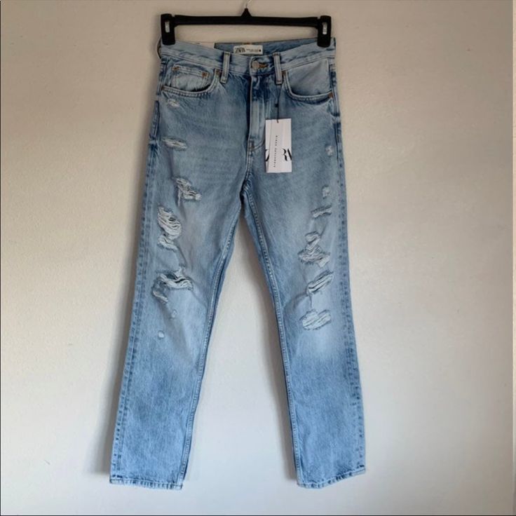 Nwt Zara Denim Boyfriend Jeans Size 4 Brand New Super Cute Jeans Zara Summer Jeans With Button Closure, Zara Straight Leg Jeans With Button Closure, Zara High-rise Distressed Jeans, Zara Blue Jeans With Button Closure, Zara Jeans, Cute Jeans, Boyfriend Jeans, Jeans Size, Women Jeans