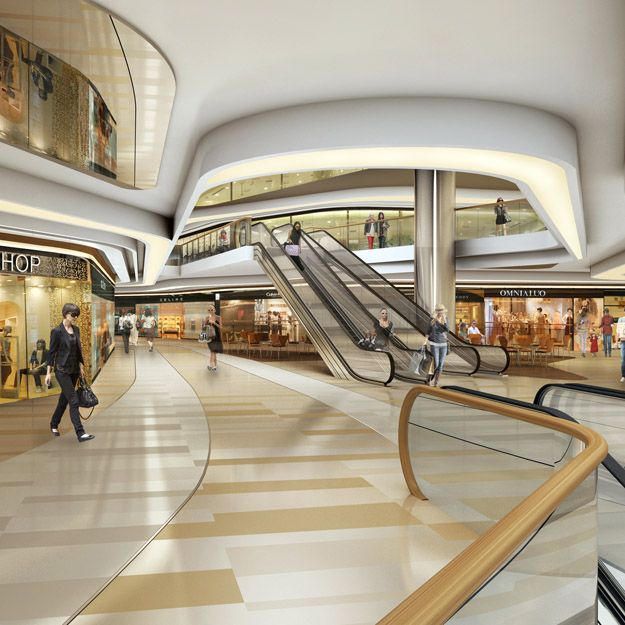 an artist's rendering of a shopping mall with escalators and people walking around