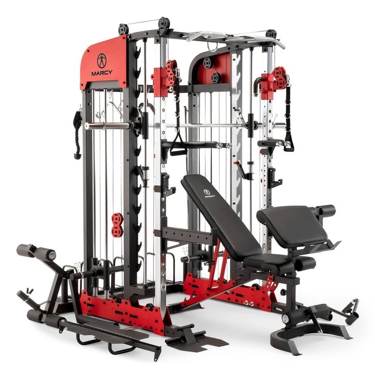 the body - solid smith home gym system is shown in red and black, with an adjustable