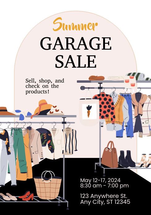 an advertisement for a garage sale with clothes and shoes hanging on the rack in front of it