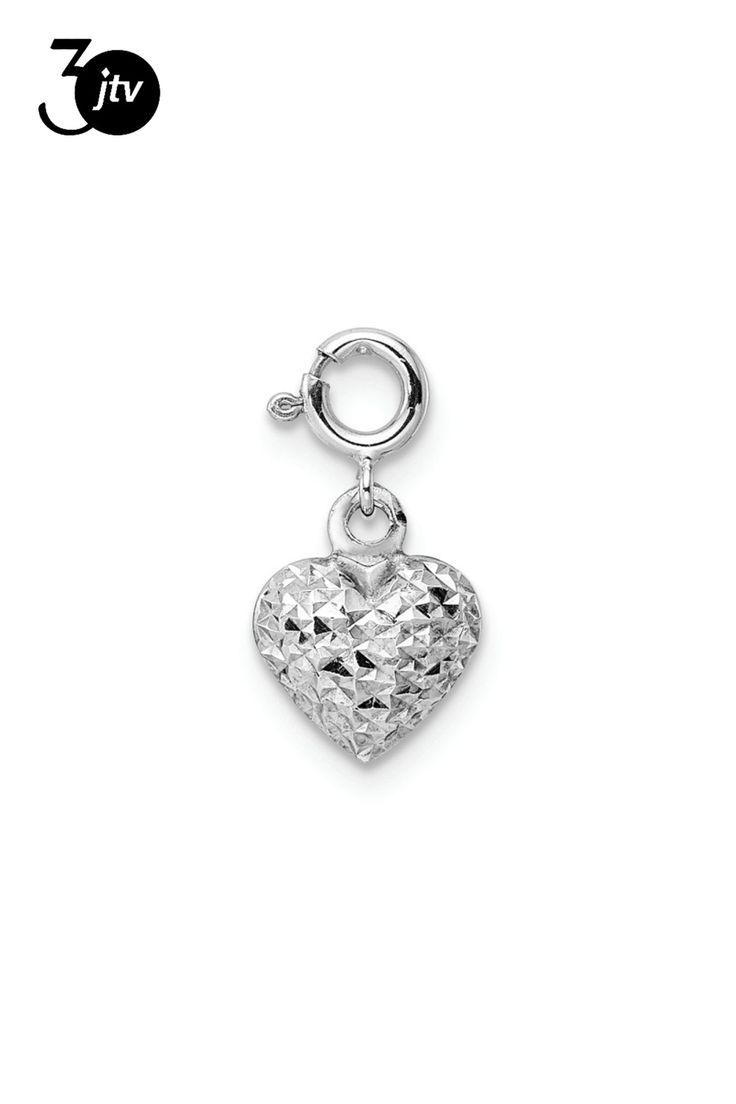 Rhodium over 14k white gold diamond-cut heart spring ring pendant. Measures approximately 7/16"L x 5/16"W and has a 0.99mm bail. Fine Jewelry In White Gold With Diamond Shape, White Gold Diamond-shaped Fine Jewelry, Hypoallergenic Heart Cut Jewelry For Valentine's Day, Valentine's Day Hypoallergenic Heart Cut Jewelry, Sterling Silver White Gold Charms Jewelry, Sterling Silver White Gold Jewelry With Diamond Cut, Sterling Silver White Gold Jewelry With Charms, White Gold Diamond-cut Diamond-shaped Jewelry, Sterling Silver Jewelry With Charms In White Gold