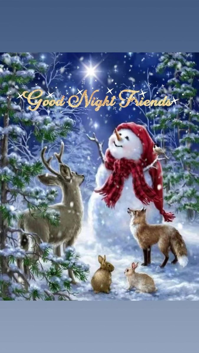 a christmas card with an image of santa claus and deers in the snow, surrounded by pine trees