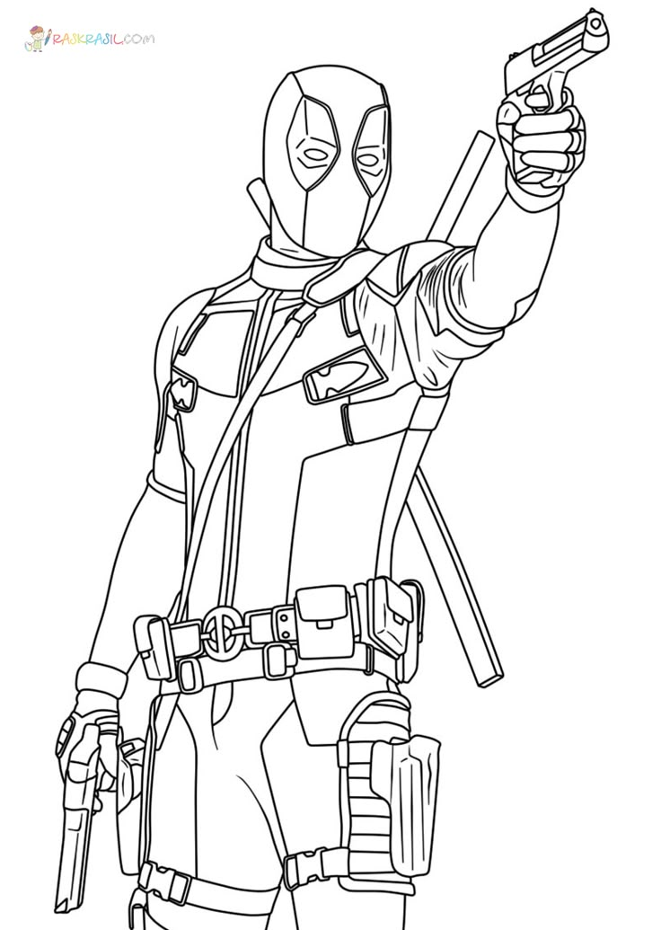 the deadpool coloring page is shown in this image, it looks like he's holding