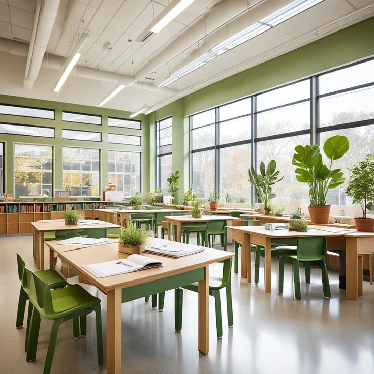 an empty classroom with desks and chairs, plants in the window sill, and bookshelves