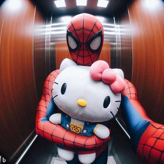 the hello kitty character is being carried on an escalator by a spider - man